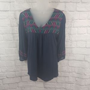 Lucky Brand Tribal Print Embroidered Boho Peasant Blouse